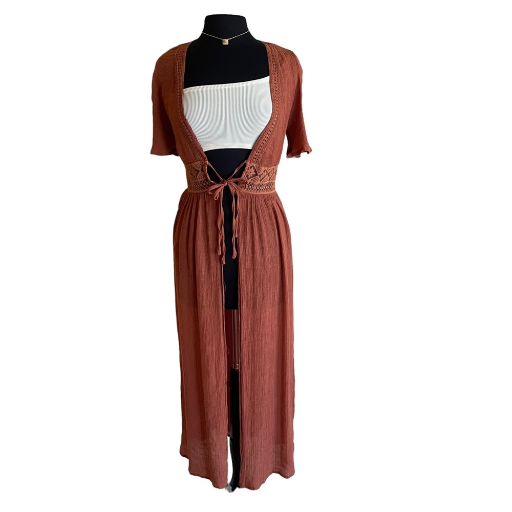 BaeVely Brown Lace Sheer Tie Front Cardigan Kimono Long